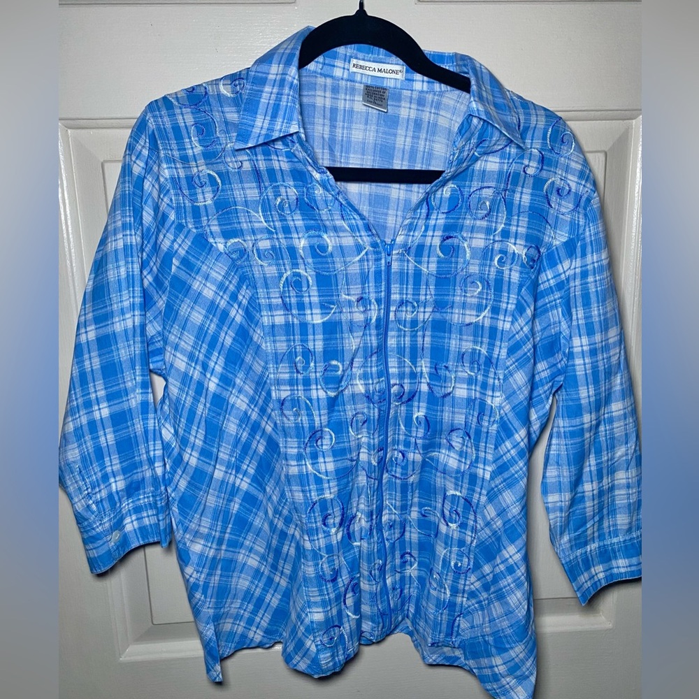 Rebecca Malone Womens Top Blouse Blue White Floral Checkered‎ Size L